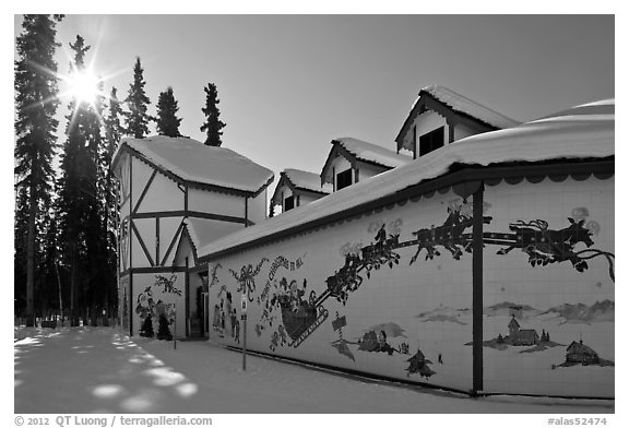 Santa Claus House and sun in winter. North Pole, Alaska, USA