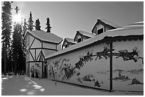 Santa Claus House and sun in winter. North Pole, Alaska, USA (black and white)