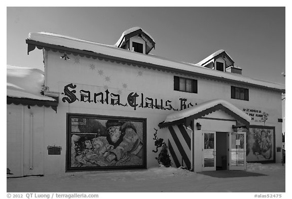 Santa Claus House facade. North Pole, Alaska, USA (black and white)