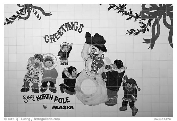 Greetings on mural. North Pole, Alaska, USA (black and white)