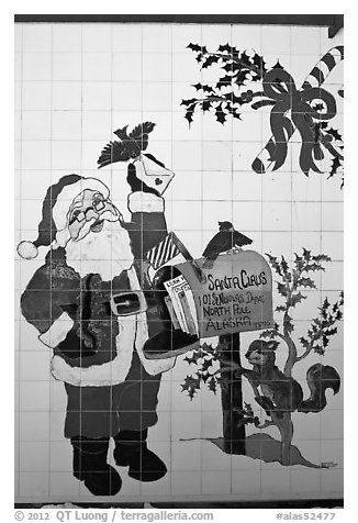 Santa Claus mural. North Pole, Alaska, USA (black and white)