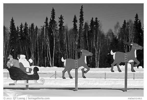 Santa Claus and reinder cut-out in winter. North Pole, Alaska, USA (black and white)