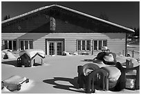 Playground in winter in front of day care. North Pole, Alaska, USA (black and white)