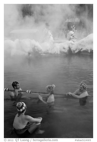 Black and White Picture/Photo: People with frozen hair relaxing in hot  springs. Chena Hot Springs, Alaska, USA