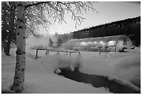 Stream and greenhouse at dawn. Chena Hot Springs, Alaska, USA (black and white)