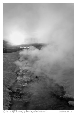 Oulet stream of hot springs and steam at sunrise. Chena Hot Springs, Alaska, USA