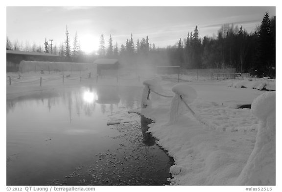 Pond of warm water at sunrise. Chena Hot Springs, Alaska, USA