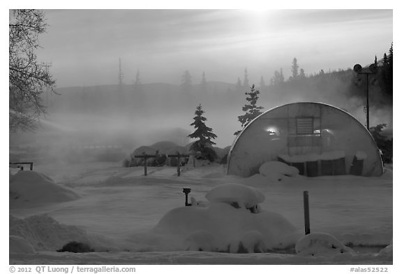 Greenhouse and steam. Chena Hot Springs, Alaska, USA (black and white)