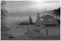 Greenhouse and steam. Chena Hot Springs, Alaska, USA (black and white)