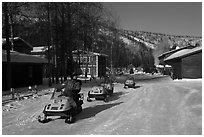 Snowmobiles and resort. Chena Hot Springs, Alaska, USA ( black and white)