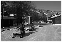 Snowmobiles and resort. Chena Hot Springs, Alaska, USA (black and white)