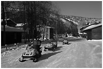 Snowmobiles and resort. Chena Hot Springs, Alaska, USA (black and white)