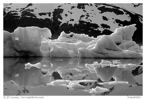 Icebergs and reflections, Portage Lake. Alaska, USA (black and white)