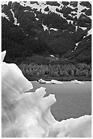 Blue iceberg and Portage Lake. Alaska, USA ( black and white)