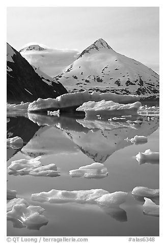 Iceberg-filled Portage Lake. Alaska, USA (black and white)