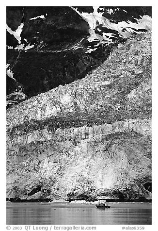 Boat at the base of Barry Glacier. Prince William Sound, Alaska, USA (black and white)