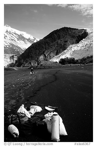 Kayaking gear on Black Sand Beach. Prince William Sound, Alaska, USA (black and white)