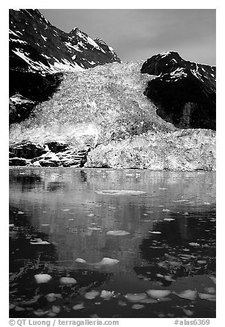 Cascade glacier dropping into Harriman  Fjord. Prince William Sound, Alaska, USA (black and white)