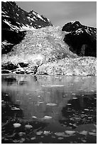 Cascade glacier dropping into Harriman  Fjord. Prince William Sound, Alaska, USA ( black and white)