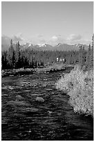 River and cabin, Denali Highway. Alaska, USA (black and white)