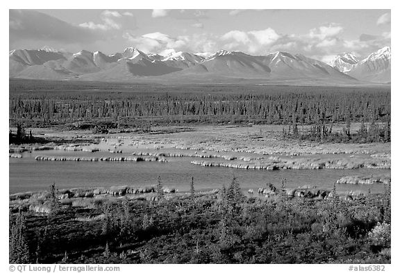 Kettle Lakes, tundra, and mountains. Alaska, USA (black and white)