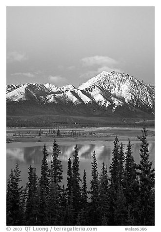 Snowy peaks and lake at dusk. Alaska, USA