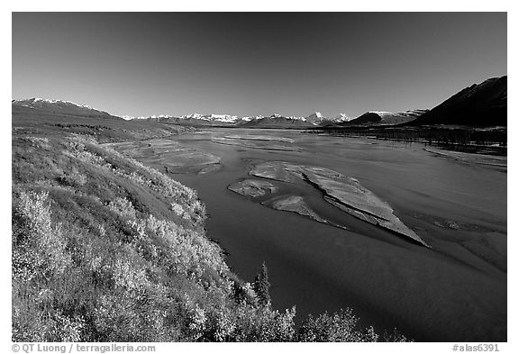 Wide river and autumn colors on the tundra. Alaska, USA (black and white)