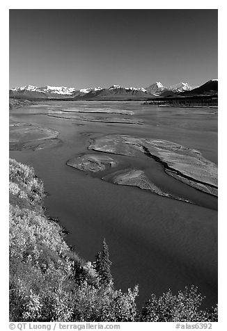 Wide Susitna River and fall colors on the tundra. Alaska, USA (black and white)