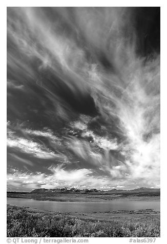 Big sky, clouds, tundra and lake. Alaska, USA (black and white)