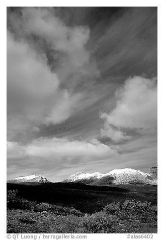 Mountain landscape with large white clouds. Alaska, USA (black and white)