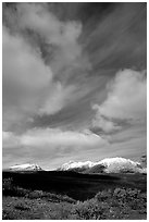 Mountain landscape with large white clouds. Alaska, USA (black and white)