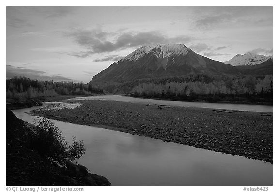 Matanuska River and Chugach mountains at sunset. Alaska, USA