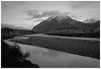 Matanuska River and Chugach mountains at sunset. Alaska, USA ( black and white)