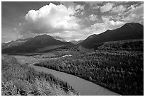 Matanuska River and Chugach mountains in summer, afternoon. Alaska, USA ( black and white)