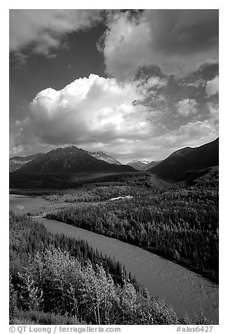 Matanuska River and Chugach mountains in summer. Alaska, USA (black and white)