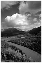 Matanuska River and Chugach mountains in summer. Alaska, USA (black and white)