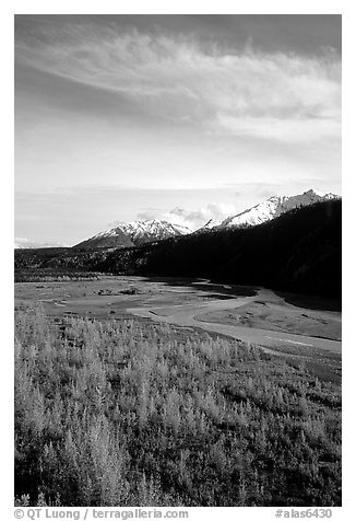 Aspens in fall colors,  Chugach mountains, winding river. Alaska, USA (black and white)