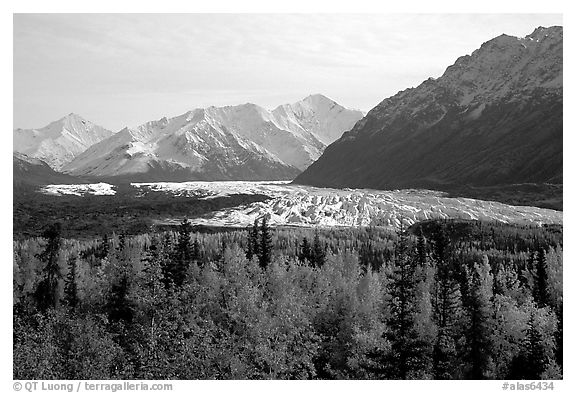 Matanuska Glacier in the fall. Glenn Highway, Central Alaska, USA (black and white)