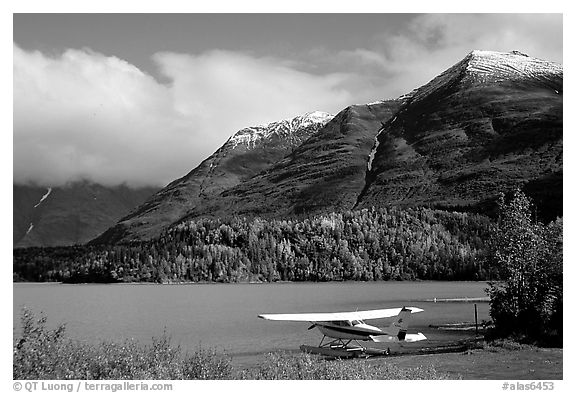 Floatplane, Lake, and mountains. Alaska, USA (black and white)