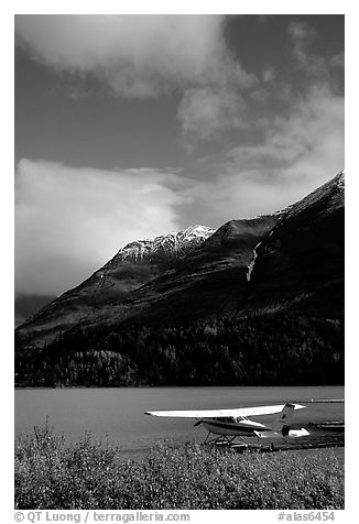 Floatplane in Lower Summit Lake. Alaska, USA (black and white)