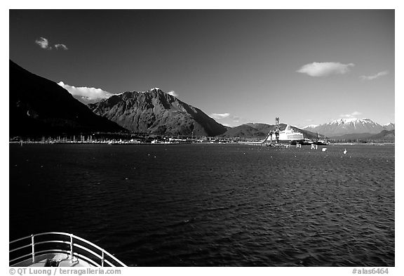 Seward seen from the deck of a ship on Resurection Bay. Seward, Alaska, USA (black and white)