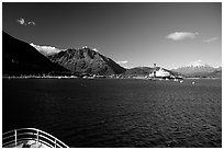 Seward seen from the deck of a ship on Resurection Bay. Seward, Alaska, USA ( black and white)