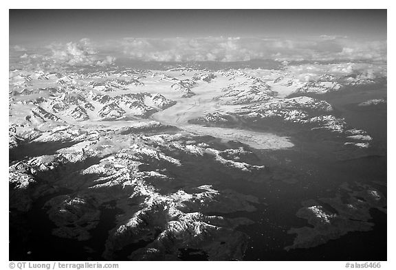 Aerial view of the Columbia Glacier. Prince William Sound, Alaska, USA (black and white)