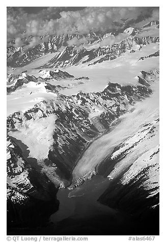 Aerial view of Glaciers and Fjords in Prince William Sound. Prince William Sound, Alaska, USA (black and white)