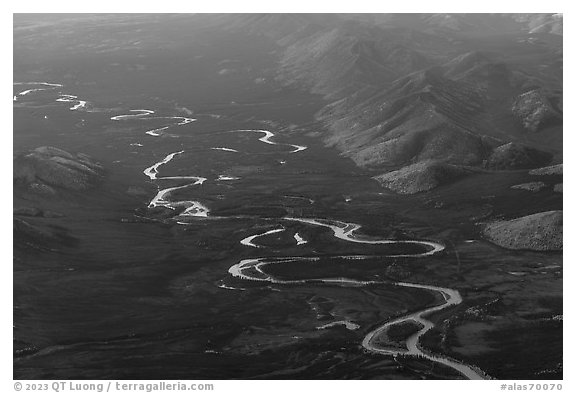 Aerial view of South Fork Koyokuk River. Alaska, USA (black and white)