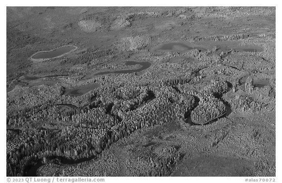 Aerial view of meandering river in autumn. Alaska, USA (black and white)