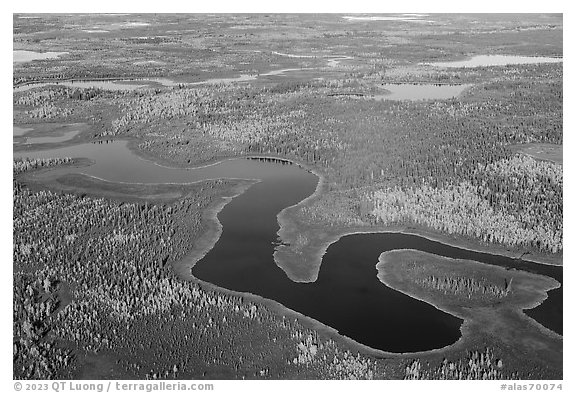 Aerial view of Dall River. Alaska, USA (black and white)