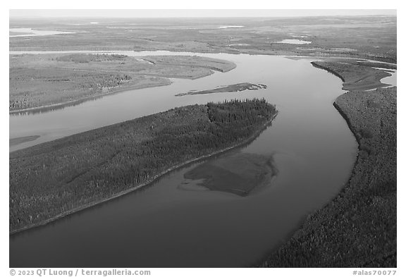 Aerial view of Yukon River. Alaska, USA (black and white)