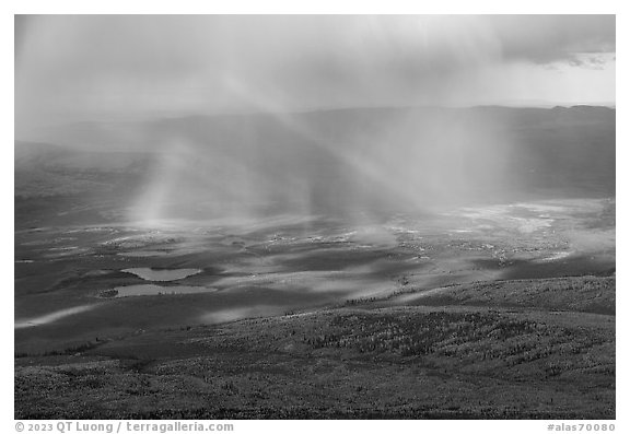 Aerial view of forest, lakes, and rainbow. Alaska, USA (black and white)