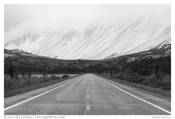 Richardson Highway and Eastern Alaska Range mountains. Alaska, USA (black and white)